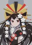 1girl appi black_eyes black_hair expressionless flower grey_background long_hair looking_at_viewer original petals red_ribbon ribbon short_sleeves solo upper_body white_flower 