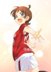  1girl armpit_peek blue_eyes brown_hair highres idolmaster idolmaster_million_live! inoue_sora j._league kfc kinoshita_hinata looking_at_viewer looking_back open_mouth outstretched_arms short_hair short_sleeves smile soccer_uniform solo sportswear urawa_red_diamonds 