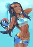  1girl :d arm_up armlet arqa bare_shoulders beads bike_shorts black_hair blue_eyes blue_hair cowboy_shot dark_skin gloves hair_ornament jewelry midriff multicolored_hair navel necklace open_mouth poke_ball pokemon pokemon_(game) pokemon_swsh rurina_(pokemon) short_shorts shorts single_glove smile solo sports_bra sportswear wristband 