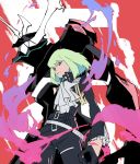  1boy black_gloves black_jacket blonde_hair blue_hair cravat curled_horns earrings fire gloves half_gloves jacket jewelry lio_fotia looking_down male_focus promare shirikon solo teeth violet_eyes 