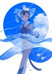  1girl appi523 bare_shoulders black_hair blue_sky bubble circle clouds cloudy_sky feet_out_of_frame liquid one-piece_swimsuit original short_hair sky solo swim_cap swimsuit water 