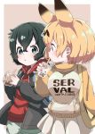  2girls alternate_costume animal_ears backpack bag bangs black_hair blonde_hair blue_eyes bubble_tea clothes_writing commentary_request cup drinking_straw extra_ears hair_between_eyes highres hood hood_down hoodie kaban_(kemono_friends) kemono_friends long_sleeves looking_at_another looking_at_viewer multiple_girls nekonyan_(inaba31415) serval_(kemono_friends) serval_ears short_hair shorts shoulder_bag simple_background skirt white_shorts white_skirt yellow_eyes 