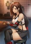  1girl alcohol black_hair black_skirt blush boots breasts brown_eyes brown_hair collarbone crossed_legs cup earrings elbow_gloves elbow_pads elbow_rest final_fantasy final_fantasy_vii fingerless_gloves gloves highres indoors jewelry large_breasts long_hair low-tied_long_hair midriff navel parted_lips pencil_skirt pleated_skirt pyz_(cath_x_tech) red_eyes sitting skindentation skirt smile solo stool suspender_skirt suspenders table tank_top thighs tifa_lockhart 