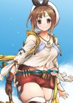  1girl atelier_(series) atelier_ryza belt bird blue_sky brown_eyes brown_gloves brown_hair closed_mouth clouds collarbone commentary_request day gloves gouta_(nagishiro6624) hair_ornament hairclip hat highres jewelry looking_at_viewer navel necklace red_shorts reisalin_stout short_hair short_shorts shorts single_glove sky solo star thigh-highs thighs white_headwear 