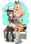  2girls :d ^_^ animal_ear_fluff animal_ears backpack bag bare_shoulders bench black_gloves black_hair black_legwear blonde_hair boots bow bowtie brown_footwear chopsticks closed_eyes commentary_request donbee_(food) eating elbow_gloves extra_ears food gloves hat hat_feather heart high-waist_skirt highres kaban_(kemono_friends) kemono_friends legwear_under_shorts multiple_girls nekonyan_(inaba31415) noodles open_mouth pantyhose print_gloves print_legwear print_neckwear print_skirt red_shirt serval_(kemono_friends) serval_ears serval_print serval_tail shirt shoes short_hair short_sleeves shorts sitting skirt sleeveless sleeveless_shirt smile tail thigh-highs translated white_footwear white_shirt white_shorts 