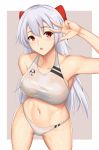  1girl arciealbano bangs blush breasts collarbone cowboy_shot fate/grand_order fate_(series) groin hair_between_eyes hair_ribbon hand_up highres large_breasts long_hair looking_at_viewer navel open_mouth ponytail red_eyes ribbon sidelocks silver_bikini silver_hair smile solo stomach swimsuit tomoe_gozen_(fate/grand_order) very_long_hair wet 