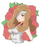  1girl beatrix_(ff9) breasts brown_eyes brown_hair closed_mouth cropped_arms cropped_torso curly_hair eyepatch final_fantasy final_fantasy_ix flower highres leaf long_hair medium_breasts red_flower red_rose rose solo toufu_(toufu_53) upper_body white_background 