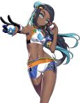  1girl :o armlet bare_shoulders bike_shorts black_gloves black_hair blue_eyes blue_hair blue_shorts blush breasts commentary crop_top dark_skin forehead gloves hair_bun hair_ornament half_gloves hand_up head_tilt highres holding holding_poke_ball long_hair looking_at_viewer multicolored_hair navel outstretched_arm parted_lips partly_fingerless_gloves poke_ball poke_ball_(generic) pokemon pokemon_(game) pokemon_swsh ririko_(zhuoyandesailaer) rurina_(pokemon) shirt short_shorts shorts simple_background single_glove sleeveless sleeveless_shirt small_breasts solo sportswear stomach two-tone_hair very_long_hair white_background 