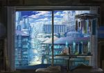 2019 artist_name blurry bowl building chopsticks city cityscape clouds commentary curtains depth_of_field graphite_(medium) highres indoors k_kanehira laundry mechanical_pencil monitor no_humans original pencil pillow scenery shirt signature sky skyscraper socks stairs table traditional_media window 