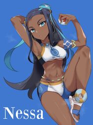  1girl arm_behind_head armlet armpits beads bike_shorts black_hair blue_background blue_eyes blue_hair breasts character_name crop_top dark_skin earrings flip-flops half-closed_eyes highres hoop_earrings jewelry kakumayu long_hair midriff nail_polish navel necklace parted_lips poke_ball pokemon pokemon_(game) pokemon_swsh rurina_(pokemon) sandals shorts simple_background sleeveless sports_bra sportswear under_boob 