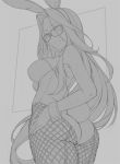  1girl adjusting_eyewear alternate_costume animal_ears ass breasts bunny_tail bunnysuit fate_(series) fishnet_pantyhose fishnets from_below greyscale hand_on_hip large_breasts long_hair looking_at_viewer monochrome pantyhose rabbit_ears rider rotix solo tail wrist_cuffs 