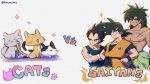  3boys abs animal arms_at_sides black_cat black_eyes black_hair broly_(dragon_ball_super) cat chest_scar clothes_around_waist clothes_writing crossed_arms dark_skin dark_skinned_male dougi dragon_ball dragon_ball_super_broly english_text expressionless facial_scar floral_background flower frown gloves grey_cat hands_on_hips height_difference kuroxmitsu_kinako looking_to_the_side male_focus multiple_boys muscle orange_cat pink_flower scar scar_on_cheek serious shadow shirtless simple_background smile son_gokuu sparkle spiky_hair standing text_focus twitter_username upper_body vegeta vs white_background white_cat white_gloves wristband 