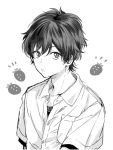  1boy breast_pocket character_request collared_shirt commentary_request copyright_request frown ito22oji looking_at_viewer male_focus monochrome pocket shirt short_sleeves simple_background solo strawberry_background upper_body white_background 
