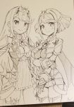  2girls armor bangs breasts commentary_request earrings eyebrows_visible_through_hair gem gloves hair_ornament headpiece highres mythra_(xenoblade) pyra_(xenoblade) jewelry large_breasts long_hair madanai_(morisumeshi) monochrome multiple_girls short_hair sketch swept_bangs tiara xenoblade_(series) xenoblade_2 