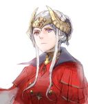  1girl blonde_hair blue_eyes braid breasts cape crown edelgard_von_hresvelgr_(fire_emblem) fire_emblem fire_emblem:_three_houses hair_bun hair_ornament horns jewelry long_hair looking_at_viewer lowres older robaco simple_background solo white_background 