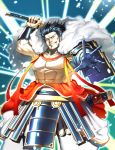  1boy abs armlet armor black_hair blue_gloves cape clouds gloves highres japanese_armor katana looking_at_viewer male_focus mizuno_katsunari muscle nipples outstretched_hand sangokushi_taisen saumaro sheath sideburns solo standing sword weapon 