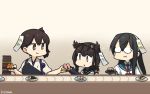  3girls anchor_symbol black_bodysuit black_gloves black_hair black_sailor_collar blue_sailor_collar bodysuit brown_eyes brown_hair clothes_writing commentary_request conveyor_belt dated food glasses gloves hachimaki hair_flaps hairband hatsuzuki_(kantai_collection) headband highres japanese_clothes kaga_(kantai_collection) kantai_collection long_hair medium_hair multiple_girls muneate neckerchief necktie ooyodo_(kantai_collection) opaque_glasses paper plate red_neckwear sailor_collar semi-rimless_eyewear short_hair side_ponytail sushi tasuki translation_request under-rim_eyewear upper_body yellow_eyes 