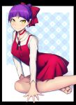  1girl blush bow breasts choker closed_mouth commentary_request dress gegege_no_kitarou hair_bow highres looking_at_viewer mahito nekomusume pointy_ears purple_hair red_bow ribbon short_hair solo yellow_eyes 