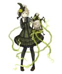  1boy ahoge chain crossdressinging dress feathers flower frilled_dress frills full_body green_eyes green_hair grin hair_feathers hair_flower hair_ornament ji_no lantern long_nose mary_janes official_art otoko_no_ko pantyhose pigeon-toed pinocchio_(sinoalice) shoes sinoalice smile solo transparent_background upper_teeth 