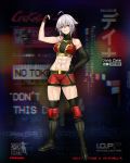  1girl abs ahoge bike_shorts black_footwear black_legwear boots breasts character_name clenched_hand cross-laced_footwear dana_zane fist_pump full_body girls_frontline gloves hand_on_hip highres knee_boots knee_pads lace-up_boots medium_breasts midriff mismatched_gloves navel official_art red_eyes short_hair silver_hair solo sports_bra standing terras thigh-highs thigh_boots thighs va-11_hall-a wrestling_outfit 