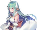  1girl blush bow commentary_request detached_sleeves dragon_girl dragon_horns eyebrows_visible_through_hair fate/grand_order fate_(series) green_hair horns japanese_clothes kiyohime_(fate/grand_order) long_hair looking_at_viewer oukawa_yuu smile solo upper_body very_long_hair yellow_bow yellow_eyes 