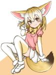  1girl animal_ear_fluff animal_ears bangs blonde_hair blush bow bowtie brown_eyes commentary elbow_gloves extra_ears eyebrows_visible_through_hair fennec_(kemono_friends) fox_ears fox_tail full_body fur_trim gloves hair_between_eyes hand_in_hair highres kemono_friends kiki_okina looking_at_viewer medium_hair multicolored_hair pink_sweater pleated_skirt puffy_short_sleeves puffy_sleeves shoes short_sleeves simple_background skirt smile solo sweater tail thigh-highs two-tone_hair white_hair white_skirt yellow_neckwear 