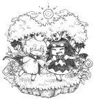  1boy 1girl :d :o animal bandages bandages_over_eyes barefoot blind_prince cape chibi closed_eyes crown dress flower greyscale highres holding_hands liar_princess long_hair mini_crown monochrome naga_u open_mouth outstretched_arm parted_lips pointing puffy_short_sleeves puffy_sleeves robe sharp_teeth short_eyebrows short_sleeves smile sun_(symbol) teeth thick_eyebrows tree usotsuki_hime_to_moumoku_ouji very_long_hair wide_sleeves 