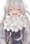  1girl aogisa bangs blurry blush bouquet closed_eyes commentary_request depth_of_field dress eyebrows_visible_through_hair flower girls_frontline hair_between_eyes highres long_hair looking_at_viewer navy_blue_dress open_mouth ribeyrolles_1918_(girls_frontline) silver_hair smile solo very_long_hair wavy_hair white_background 