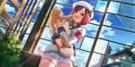  1girl aircraft armband beret blue_sky bob_cut building carrying cat character_request clouds dirigible dutch_angle game_cg goggles goggles_around_neck hat highres kouya_no_kotobuki_hikoutai looking_at_viewer non-web_source official_art open_mouth pants plant red_armband redhead short_hair shorts sky solo white_headwear white_pants white_uniform window yellow_eyes zeppelin 