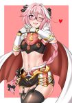  1boy astolfo_(fate) bangs black_bow black_legwear blush bow braid cloak cloire_clover commentary eyebrows_visible_through_hair fang fate/grand_order fate_(series) fur-trimmed_cloak fur_collar fur_trim gauntlets glasses hair_between_eyes hair_bow hair_intakes hair_ribbon heart highres long_braid long_hair looking_at_viewer male_focus multicolored_hair open_mouth otoko_no_ko pink_background pink_hair red_heart ribbon simple_background single_braid smile solo streaked_hair thigh-highs violet_eyes white_background white_cloak white_hair 