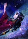  1boy arm_up black_eyes black_hair grass hair_between_eyes inuyasha inuyasha_(character) inuyasha_(human) japanese_clothes katana kimono long_hair looking_up lying male_focus megaheng night on_back outdoors red_kimono sheath sheathed shiny shiny_hair sky solo star_(sky) starry_sky sword upper_body weapon 