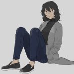  1girl andou_(girls_und_panzer) bangs black_footwear black_hair black_shirt blue_pants brown_eyes closed_mouth commentary_request dark_skin full_body girls_und_panzer grey_background grey_jacket hands_in_pockets highres invisible_chair jacket kuwabara_(medetaya) light_frown long_sleeves looking_at_viewer medium_hair messy_hair no_legwear open_clothes open_jacket pants shirt shoes simple_background sitting solo turtleneck 