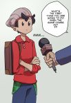  2boys backpack bag beanie brown_hair cardigan english_text green_headwear grey_cardigan hat highres holding interview long_sleeves microphone multiple_boys nisego pokemon pokemon_(game) pokemon_swsh red_shirt shirt short_hair simple_background victor_(pokemon) 