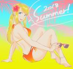  1girl 2018 anklet arm_support ass back bangs bare_arms bare_back bare_legs bare_shoulders barefoot bikini black_panties blonde_hair blue_eyes blush bracelet breasts dated earrings english_text eyebrows_visible_through_hair eyewear_removed fingernails flower full_body fullmetal_alchemist hair_flower hair_ornament happy hibiscus highres holding holding_eyewear jewelry long_hair looking_at_viewer medium_breasts orange_bikini ozaki_(tsukiko3) panties pink_flower ponytail red_nails sideboob sitting smile solo speech_bubble sunglasses swimsuit text_focus tongue underwear upper_teeth winry_rockbell 