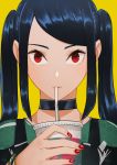  1girl black_hair bracelet choker commentary drinking drinking_straw ex-trident highres jewelry jill_stingray looking_at_viewer milkshake red_eyes solo twintails va-11_hall-a watch watch yellow_background 