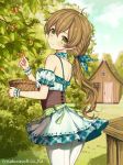  1girl bangs bare_shoulders basket blue_sky blush breasts brown_hair character_request closed_mouth clouds cloudy_sky commentary_request day detached_sleeves door dress eyebrows_visible_through_hair green_dress green_eyes green_ribbon green_sleeves hair_between_eyes hair_ribbon head_tilt house long_hair looking_at_viewer looking_back low_ponytail outdoors pantyhose plaid plaid_dress plaid_ribbon ponytail puffy_short_sleeves puffy_sleeves ribbon short_sleeves sky sleeveless sleeveless_dress small_breasts smile solo standing teikoku_senki very_long_hair watermark white_legwear window wrist_cuffs yuuki_rika 