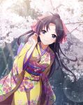  1girl black_hair blush cherry_blossom_print closed_mouth day floating_hair hair_ornament high_ponytail highres japanese_clothes kamiya_kaoru kimono leaning_forward lens_flare long_hair looking_at_viewer obi outdoors print_kimono rurouni_kenshin sash shindou_mui smile solo sparkle standing very_long_hair violet_eyes yellow_kimono yukata 