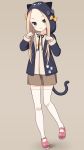  1girl :3 abigail_williams_(fate/grand_order) animal_ears animal_hood bangs bell_(oppore_coppore) black_bow black_jacket blonde_hair blue_eyes blush bow brown_background brown_shirt brown_skirt cat_ears cat_girl cat_hood cat_tail closed_mouth commentary_request fake_animal_ears fate/grand_order fate_(series) forehead full_body hands_up head_tilt highres hood hood_up hooded_jacket jacket long_hair long_sleeves looking_at_viewer mary_janes open_clothes open_jacket orange_bow parted_bangs paw_pose pleated_skirt polka_dot polka_dot_bow red_footwear shadow shirt shoes skirt solo standing standing_on_one_leg tail thigh-highs v-shaped_eyebrows white_legwear 