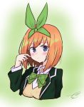 1girl bangs blazer blush bow brown_hair closed_mouth collared_shirt commentary_request cropped_torso eyebrows_visible_through_hair go-toubun_no_hanayome gradient gradient_background green_background green_bow green_jacket green_ribbon hair_ribbon jacket kujou_karasuma looking_at_viewer nakano_yotsuba open_blazer open_clothes open_jacket ribbon shirt sidelocks signature solo sweat sweater_vest upper_body violet_eyes white_background white_shirt 