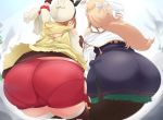  2girls ass atelier_(series) atelier_ryza black_bow blonde_hair bow braid brown_hair commentary_request elbow_gloves from_behind gloves hat highres klaudia_valentz long_hair mizuyan multiple_girls outstretched_arm pantyhose pantylines red_shorts reisalin_stout short_shorts shorts skirt thigh-highs thighs white_bow 
