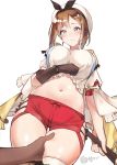  1girl atelier_(series) atelier_ryza blush breasts brown_eyes brown_gloves brown_hair closed_mouth gloves hair_ornament hairclip hat highres large_breasts midriff navel red_shorts reisalin_stout shirosaba short_hair short_shorts shorts simple_background single_glove solo_focus thigh-highs thigh_gap thigh_grab thighs white_background white_headwear white_legwear 
