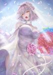  1girl absurdres ahoge alternate_costume bangs bare_shoulders blue_background bouquet breasts bridal_veil choker commentary_request dress elbow_gloves eyebrows_visible_through_hair fate/grand_order fate_(series) flower frills gloves hair_flower hair_ornament highres jeanne_d&#039;arc_(alter)_(fate) jeanne_d&#039;arc_(fate)_(all) large_breasts open_mouth penguintake petals purple_wedding_dress rose short_hair silver_hair skirt skirt_lift solo star starry_background strapless strapless_dress thighs tsurime veil wedding wedding_dress yellow_eyes 