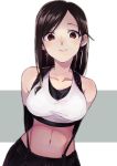  1girl arms_behind_back belt breasts brown_eyes collarbone crop_top earrings final_fantasy final_fantasy_vii final_fantasy_vii_remake io_naomichi jewelry long_hair simple_background smile solo stomach suspenders tank_top tifa_lockhart undershirt upper_body white_background 