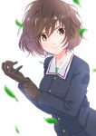  1girl absurdres adjusting_clothes adjusting_gloves akiyama_yukari bangs black_gloves blue_jacket blurry blurry_foreground brown_eyes brown_hair closed_mouth commentary depth_of_field girls_und_panzer gloves green_shirt highres jacket leaf long_sleeves looking_at_viewer messy_hair military military_uniform ooarai_military_uniform oze_(xyz_go_go11) shirt short_hair simple_background smile solo standing uniform upper_body white_background wind 