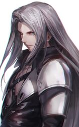  &gt;:) 1boy armor chinese_commentary closed_mouth coat commentary final_fantasy final_fantasy_vii green_eyes high_collar highres light_smile long_hair looking_at_viewer looking_to_the_side luen_kulo male_focus mixed-language_commentary pauldrons sephiroth sidelocks silver_hair simple_background smile solo upper_body v-shaped_eyebrows white_background 