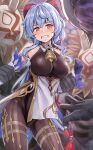 1girl bangs bare_shoulders blush breasts detached_sleeves eyebrows_visible_through_hair ganyu_(genshin_impact) genshin_impact goat_horns grin highres hilichurl_(genshin_impact) horns kotatsu_(kotatsu358) large_breasts leotard light_blue_hair long_hair restrained smile solo_focus very_long_hair 