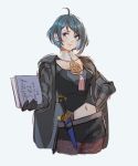  1girl ahoge armor blue_eyes blue_hair book breasts byleth byleth_(female) cape fire_emblem fire_emblem:_three_houses gloves hair_ornament krazehkai looking_at_viewer short_hair simple_background smile solo upper_body white_background 
