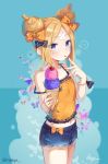  1girl abigail_williams_(fate/grand_order) artist_name bandaid bandaid_on_forehead bangs bare_arms bare_shoulders black_bow blonde_hair blue_eyes bow camisole collarbone commentary_request cowboy_shot cutoffs denim denim_shorts double_bun fate/grand_order fate_(series) food hair_bow hair_bun holding holding_food ice_cream lace_trim long_hair looking_at_viewer midriff navel nyanya orange_bow orange_shirt parted_bangs polka_dot polka_dot_bow shirt short_shorts shorts sidelocks sleeveless sleeveless_shirt solo spaghetti_strap spoken_blush standing strap_slip thighs tongue tongue_out twitter_username two-tone_background 