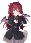  1girl :t ahoge bangs black_dress blue_eyes blush capelet commentary crescent crescent_hair_ornament demon_girl demon_horns demon_wings dress fang frilled_skirt frills hair_between_eyes hair_ornament heterochromia highres horns long_hair long_sleeves looking_at_viewer nijisanji paw_pose red_eyes redhead simple_background skin_fang skirt smile solo two_side_up virtual_youtuber white_background wings yudetama yuzuki_roa 
