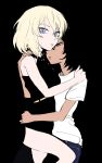  2girls andou_(girls_und_panzer) bangs black_background black_dress black_hair blonde_hair blue_eyes blue_pants brown_eyes casual closed_mouth commentary dark_skin denim dress formal girls_und_panzer halterneck highres hug jeans light_frown looking_at_another looking_at_viewer medium_hair messy_hair multiple_girls oshida_(girls_und_panzer) pants parted_lips shirt side_slit simple_background standing straddling t-shirt toku_(yhpv8752) white_shirt yuri 